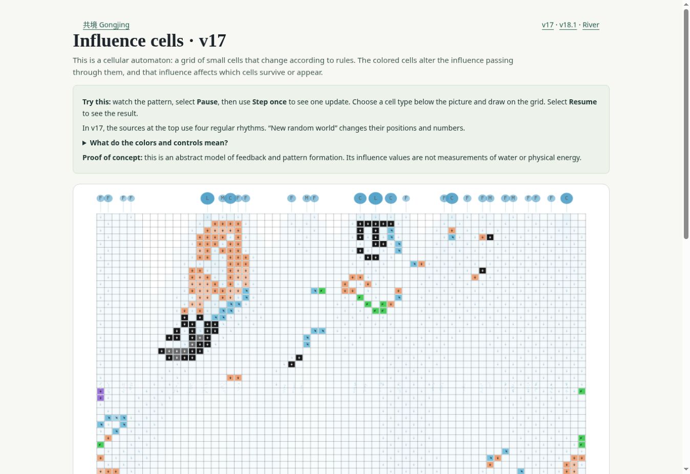Influence Cells v17 showing colored entities forming larger structures in a grid.