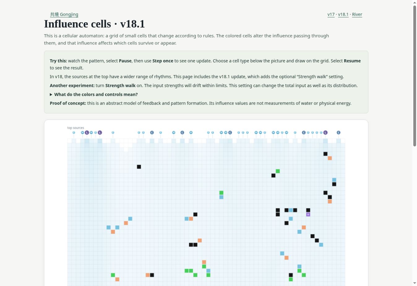 Influence Cells v18.1 showing entities responding to multiple source rhythms across a grid.